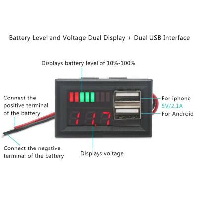 12V Akü Kapasite Göstergesi - 5V 2A USB Çıkışlı - 4