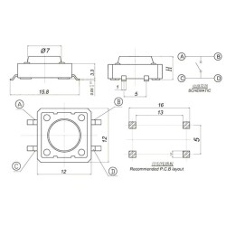 12x12x12.5mm 4 Pin SMD Black Push Button - Tact Switch - 2