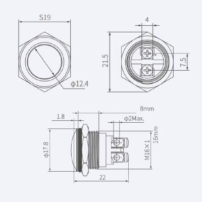 16G-Q0 16mm Ball Head Momentary Metal Button - 2