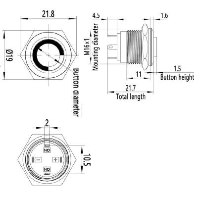 16H-G1-E 16mm Bulge Momentary Illuminated Metal Button - Green - 2