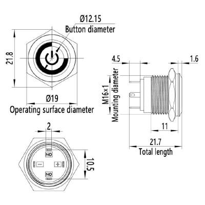 16H-P1-EC 16mm Flat Momentary Illuminated Power Metal Button - Green - 2