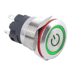 19A-P1Z-EC 19mm Flat Self Locking Illuminated Power Metal Button - Green 