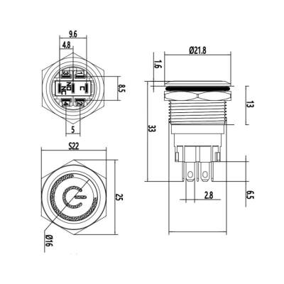 19A-P1Z-EC 19mm Flat Self Locking Illuminated Power Metal Button - Yellow - 2