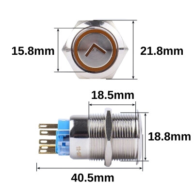 19FXHX 19mm Düz Yaylı Işıklı Ok İşaretli Metal Buton - Mavi - 2