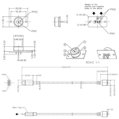 2-Pin 10mm Kablolu PCB'li Pogo Pin Manyetik Konnektör Takımı - Type-C Soketli - 2