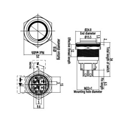 22B-G1-E 22mm Bulge Momentary Illuminated Metal Button - Green - 2