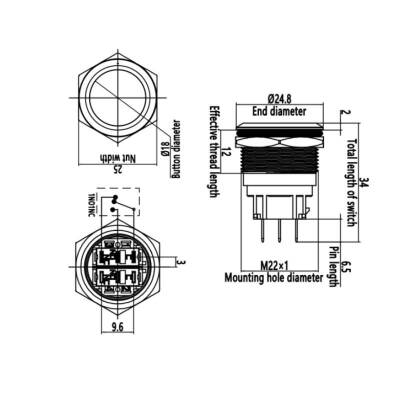 22B-P1 22mm Flat Momentary Metal Button - 2