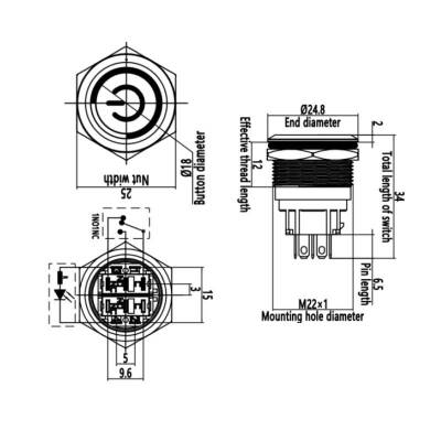 22B-P1-EC 22mm Flat Momentary Illuminated Power Metal Button - Blue - 2