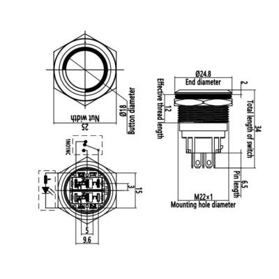 22B-P1Z-E 22mm Düz Anahtarlı Işıklı Metal Buton - Mavi - 2