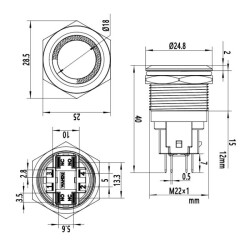 22E-P1-E 22mm Flat Momentary Illuminated Metal Button - Yellow - 3