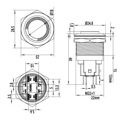 22E-G1-E 22mm Bulge Momentary Illuminated Metal Button - Yellow - 2