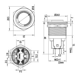 22E-G1-E 22mm Çıkık Yaylı Işıklı Metal Buton - Kırmızı - 3