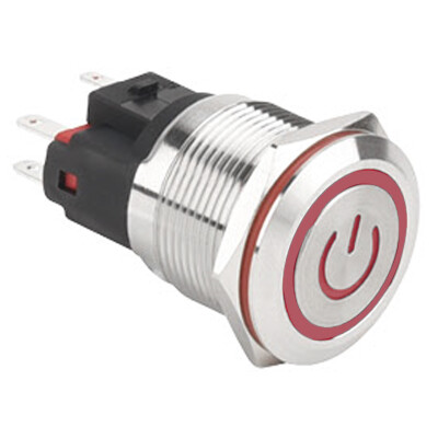 22E-P1-EC 22mm Flat Momentary Illuminated Power Metal Button - Red - 1