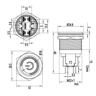 22E-P1Z-EC 22mm Flat Self Locking Illuminated Power Metal Button - Green - 2