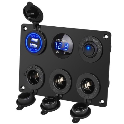 3 Way Female Cigarette Lighter Socket 2x5V USB Switch Panel with Voltage Indicator and Blue Dot Light - 1