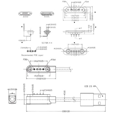 4-Pin 2.54mm 90C Kablolu Pogo Pin Manyetik Konnektör Takımı - USB Soketli - 2