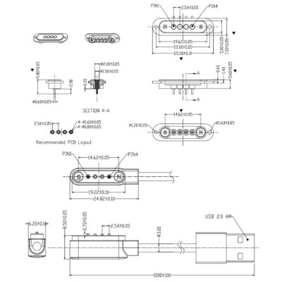 4-Pin 2.54mm Kablolu Pogo Pin Manyetik Konnektör Takımı - USB Soketli - 2