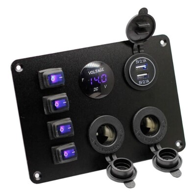 4'lü ON-OFF Mavi Su Geçirmez Işıklı Switch Panel 2x5V USB 2xDişi Çakmaklık ve Voltaj Göstergeli - 1