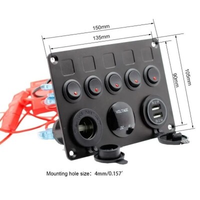 5-Way ON-OFF Blue Illuminated Switch Switch Panel with 2x5V USB Cigarette Lighter and Voltage Indicator - 3