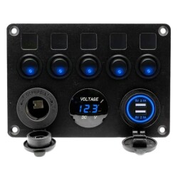 5-Way ON-OFF Blue Illuminated Switch Switch Panel with 2x5V USB Cigarette Lighter and Voltage Indicator 