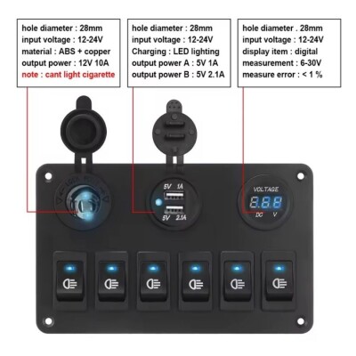6 ON-OFF Blue Illuminated Key Switch Panel 2x5V USB Cigarette Lighter and Voltage Indicator - 5