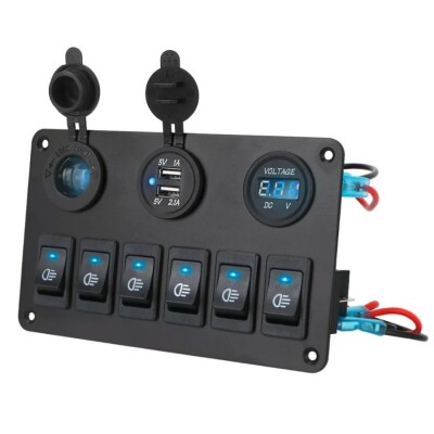 6 ON-OFF Blue Illuminated Key Switch Panel 2x5V USB Cigarette Lighter and Voltage Indicator - 2