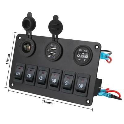 6 ON-OFF Blue Illuminated Key Switch Panel 2x5V USB Cigarette Lighter and Voltage Indicator - 3