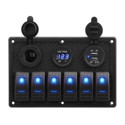 6'lı ON-OFF Işıklı Anahtar Switch Panel 2x5V USB Çakmaklık ve Voltaj Göstergeli 