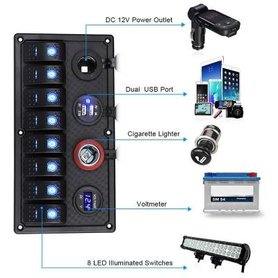 8-pin ON-OFF Red Lighted Switch Panel 2x5V USB 2x Cigarette Lighter and Voltage Indicator - 3