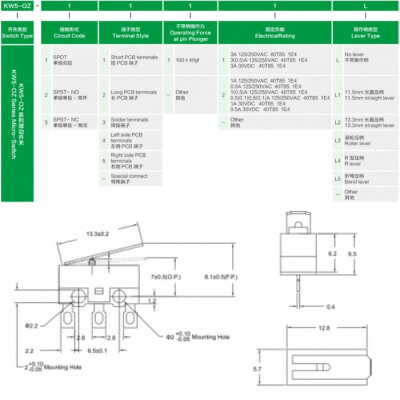 KW5-OZ-1112L2-B SPDT NO+NC 3-Pin Micro Switch - 2
