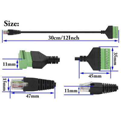 RJ45 Erkek - 8 Pin Vidalı Terminal Dönüştürücü Kablo - 30cm - 4