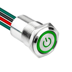 WD16D1-P2-EC 16mm Düz Yaylı Işıklı Power Kablolu Metal Buton - Yeşil 