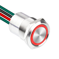 WD19D1-P2-E 19mm Düz Yaylı Işıklı Kablolu Metal Buton - Kırmızı 