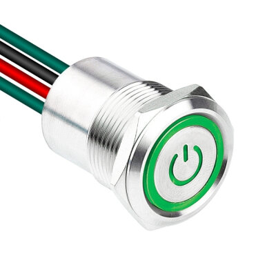 WD19D1-P2-EC 19mm Düz Yaylı Işıklı Power Kablolu Metal Buton - Yeşil - 1