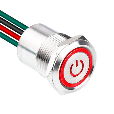 WD19D1-P2-EC 19mm Flat Spring Illuminated Metal Button with Power Cable - Red - 1