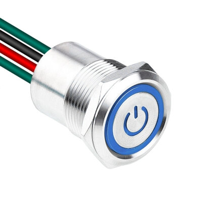 WD19D1-P2Z-EC 19mm Düz Anahtarlı Işıklı Power Kablolu Metal Buton - Mavi - 1