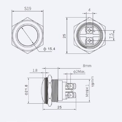 WD19H-Q0 19mm Ball Head Momentary Metal Button - 2