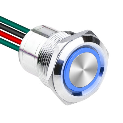WD22D1-P2-E 22mm Düz Yaylı Işıklı Kablolu Metal Buton - Mavi - 1