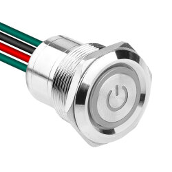 WD22D1-P2-EC 22mm Düz Yaylı Işıklı Power Kablolu Metal Buton - Beyaz 