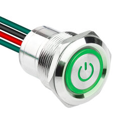 WD22D1-P2-EC 22mm Düz Yaylı Işıklı Power Kablolu Metal Buton - Yeşil 